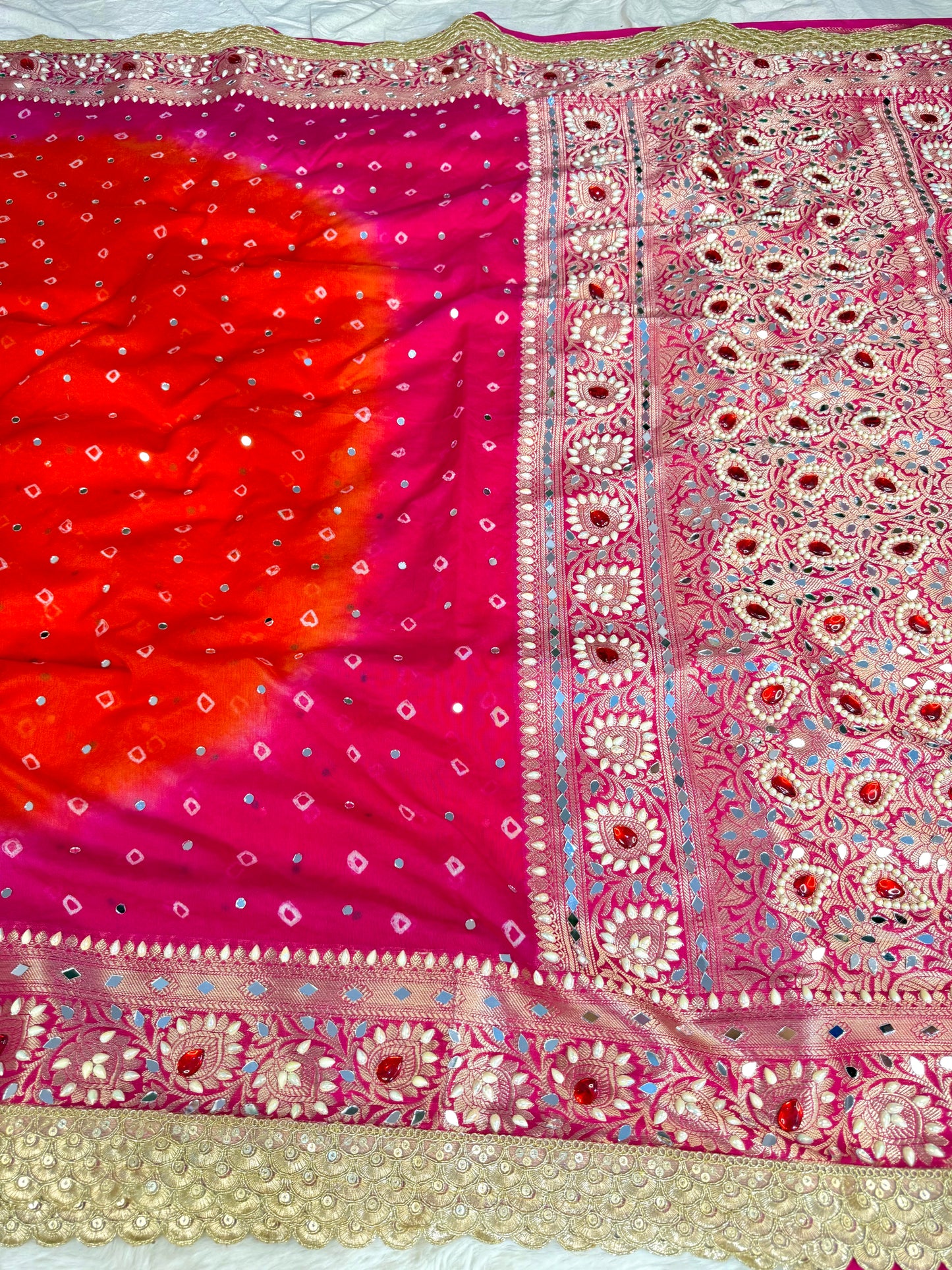 Banarasi Mirror Work Bandhej Georgette Silk Saree