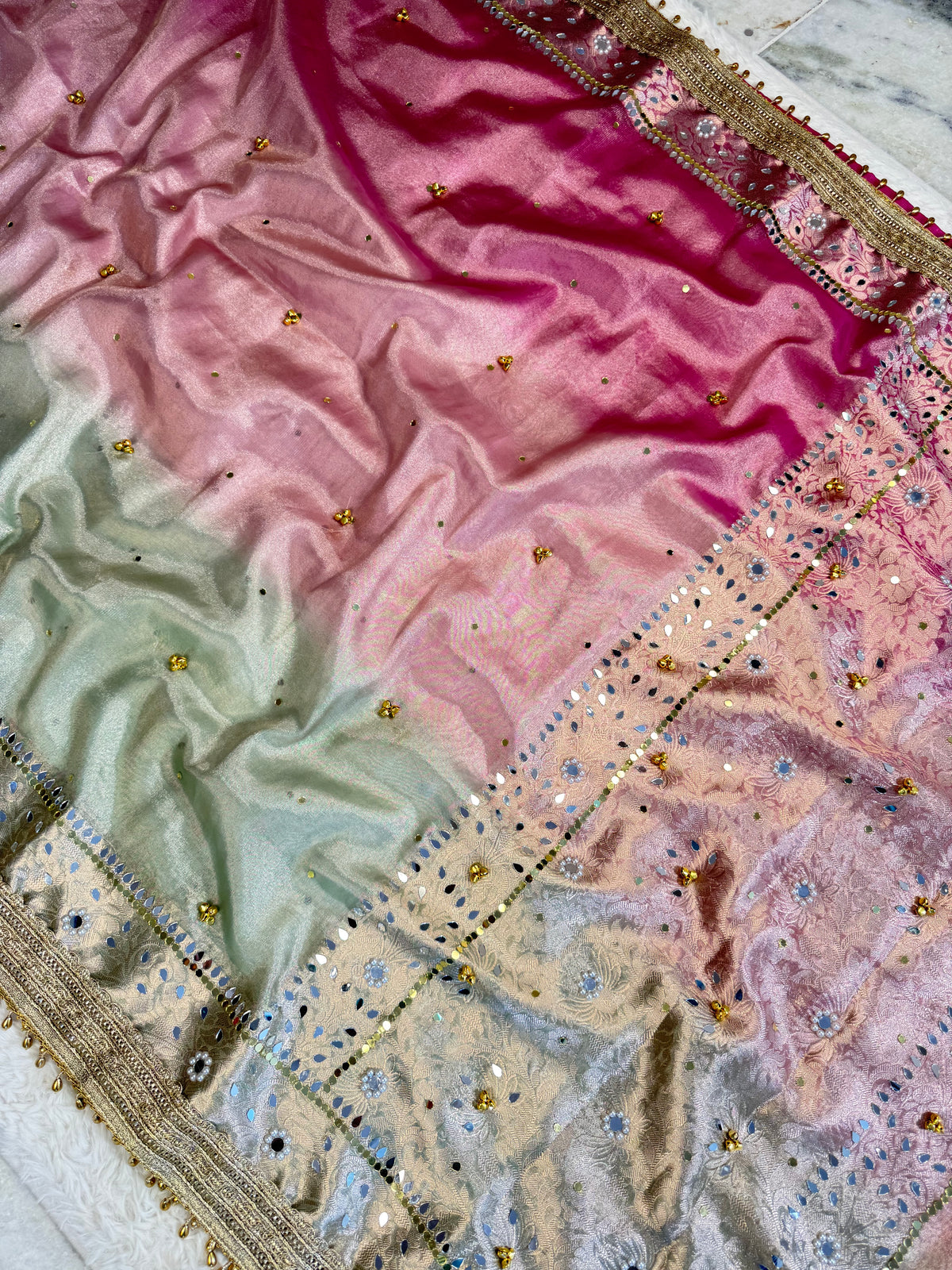 Banarasi Ghunghru and Mirror Work 3d Dye Tissue Silk Saree