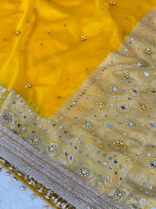 Banarasi Ghunghru and Mirror Work Kora Silk Saree