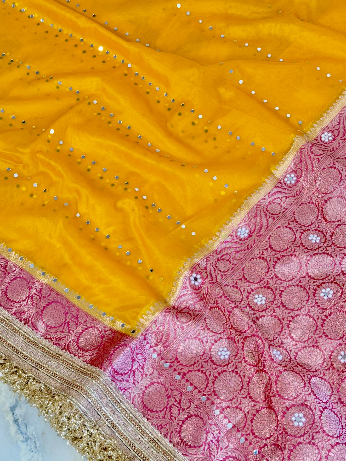 Banarasi Mirror Work Kora Silk Saree
