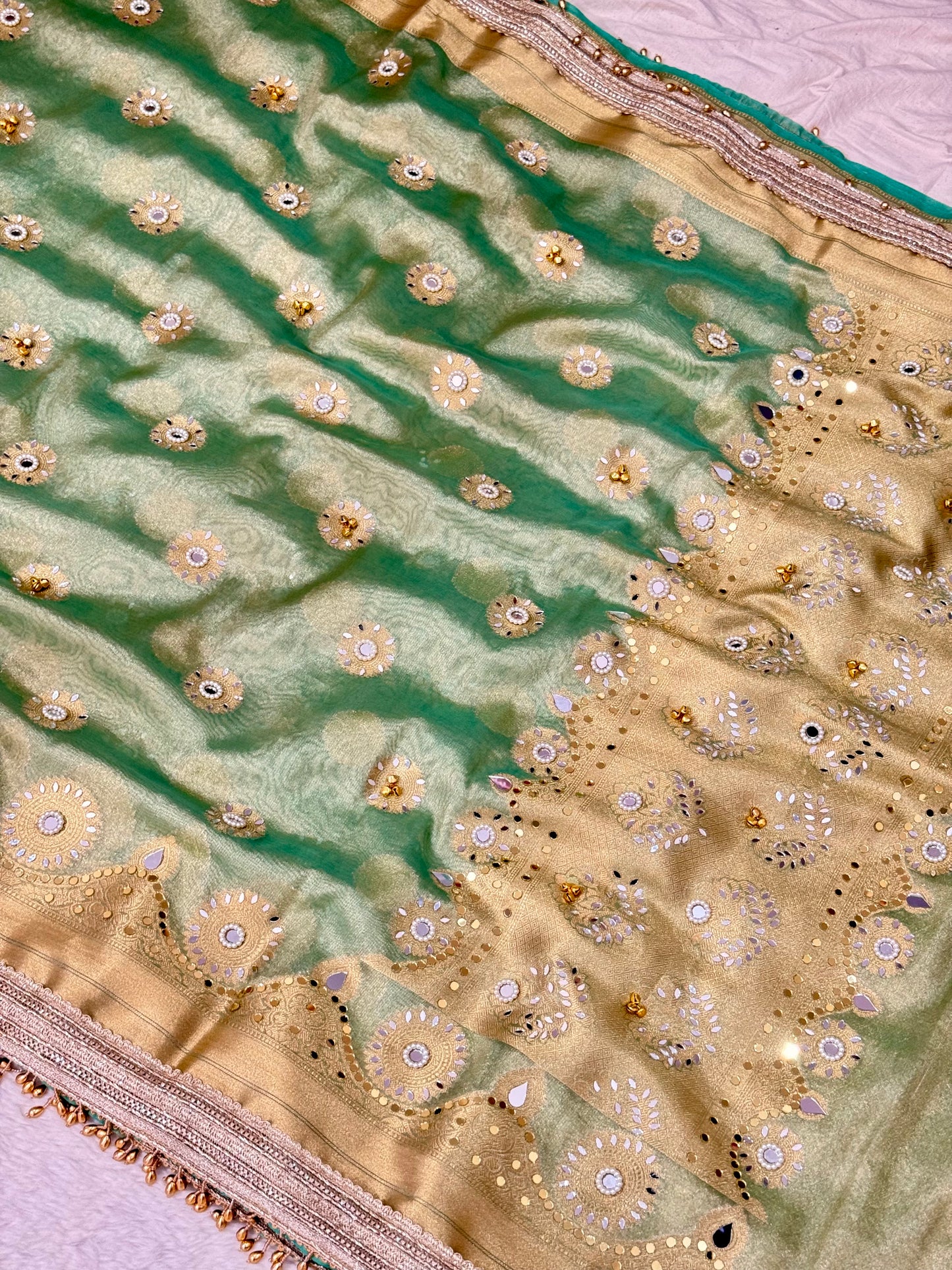 Banarasi Ghunghru and Mirror Work Tissue Silk Saree