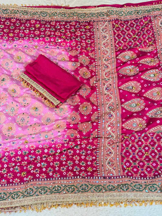 Banarasi Ghunghru and Mirror Work Bandhej Soft Silk Saree