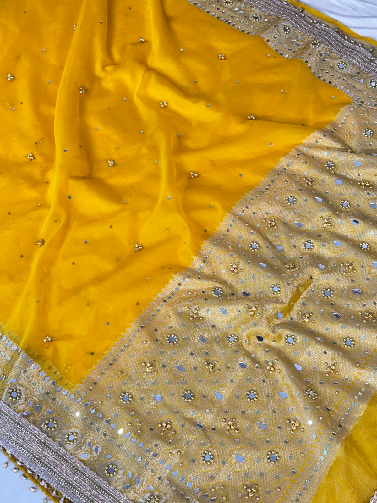 Banarasi Ghunghru and Mirror Work Kora Silk Saree