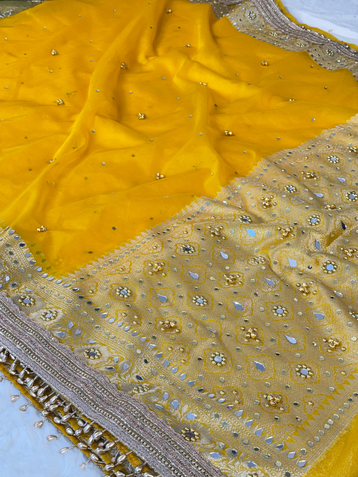 Banarasi Ghunghru and Mirror Work Kora Silk Saree