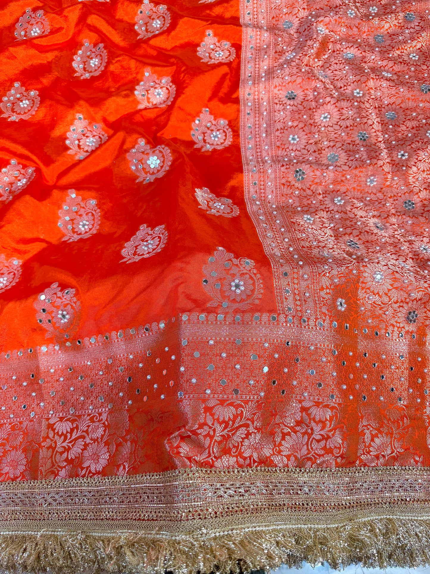 Banarasi Mirror Work Raw Mango Silk Saree