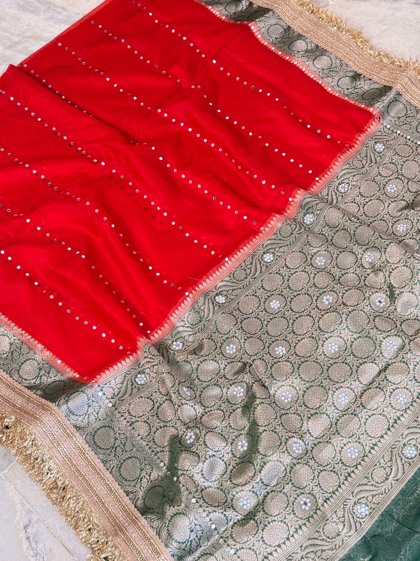 Banarasi Mirror Work Kora Silk Saree