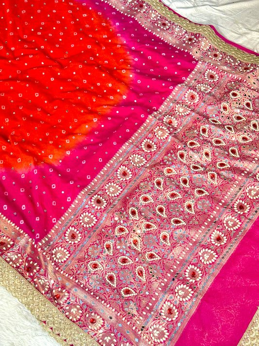 Banarasi Mirror Work Bandhej Georgette Silk Saree
