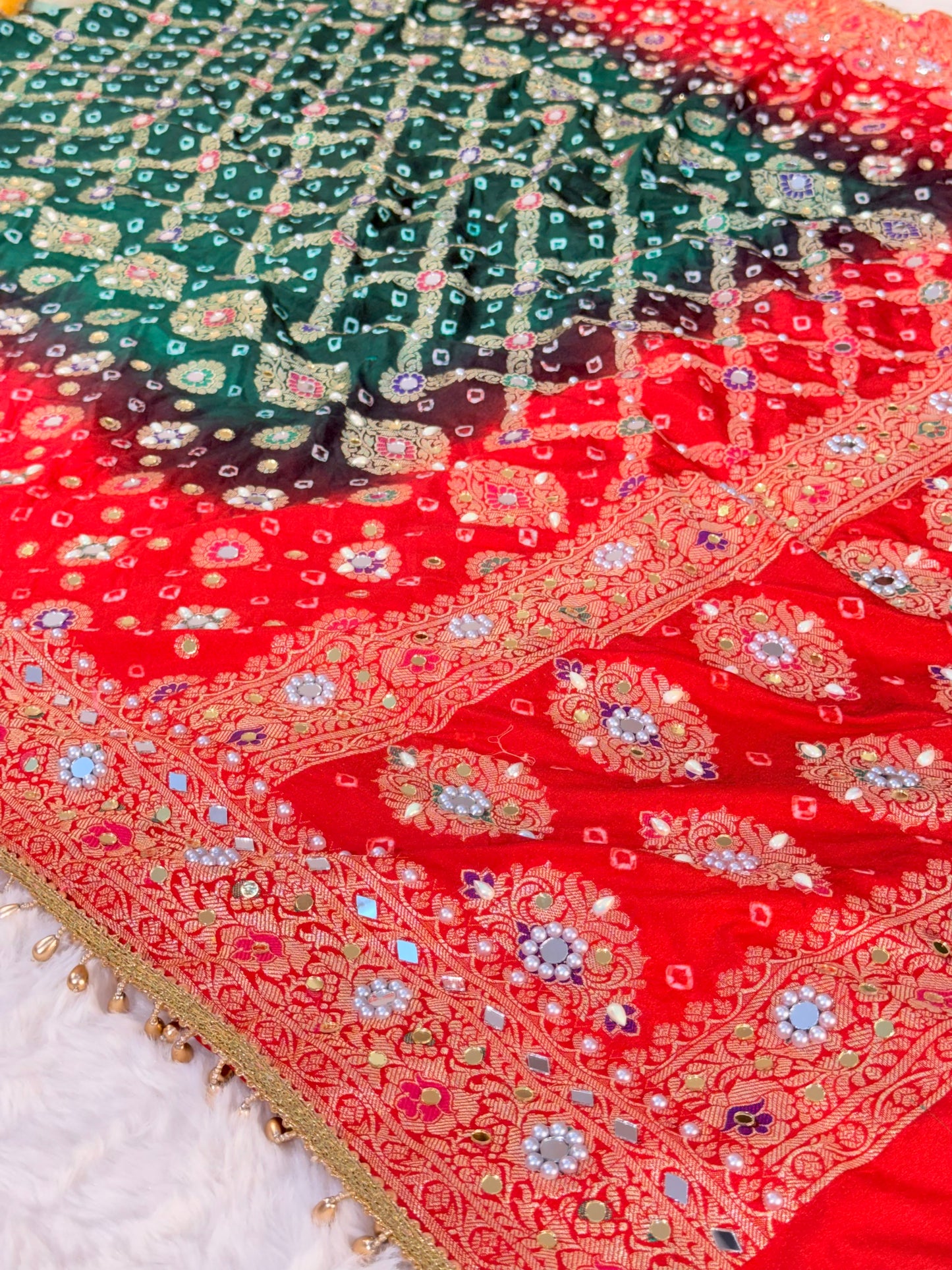 Banarasi Mirror Work Bandhej Soft Silk Saree