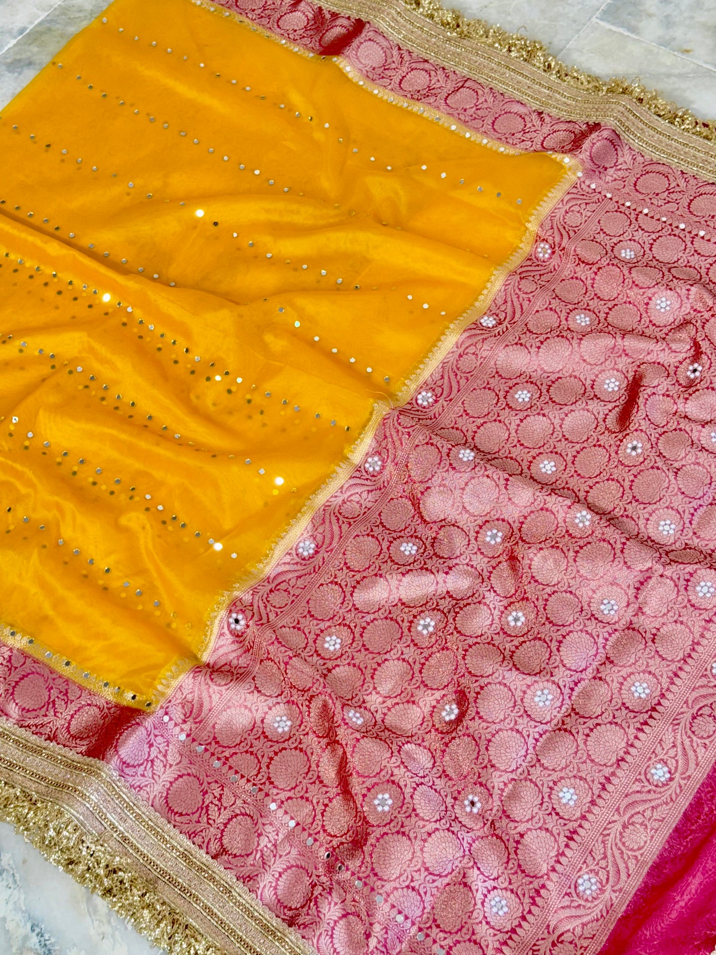 Banarasi Mirror Work Kora Silk Saree