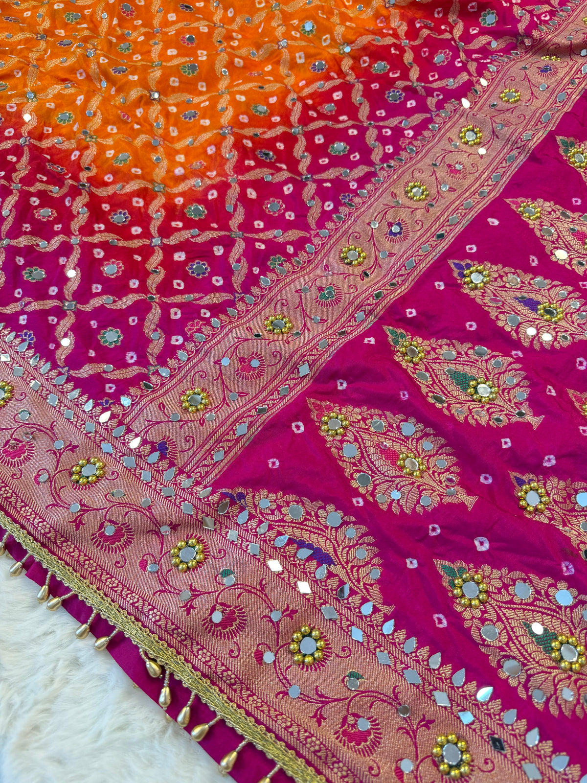 Banarasi Mirror Work Bandhej Soft Silk Saree