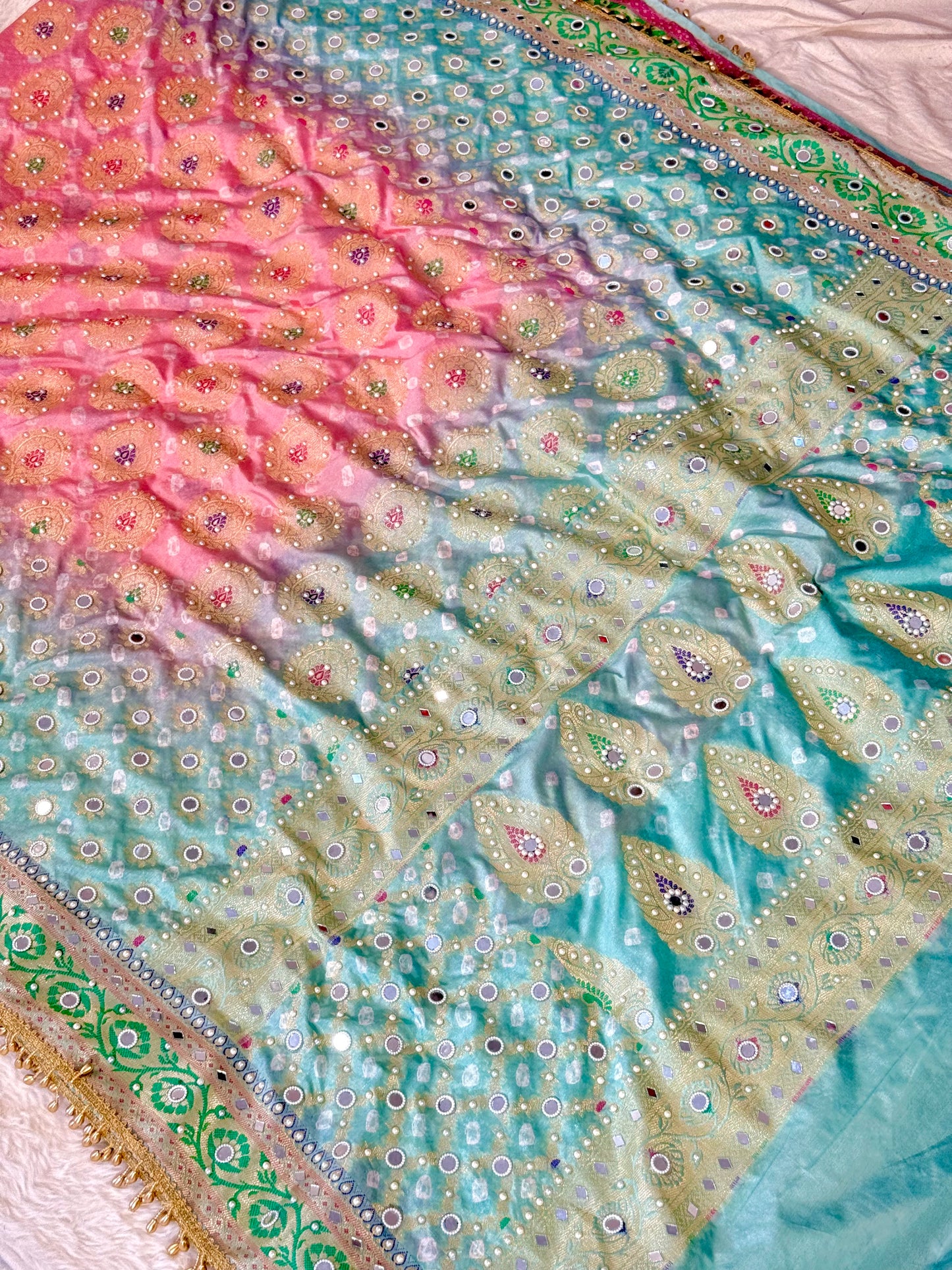 Banarasi Mirror Work Bandhej Soft Silk Saree