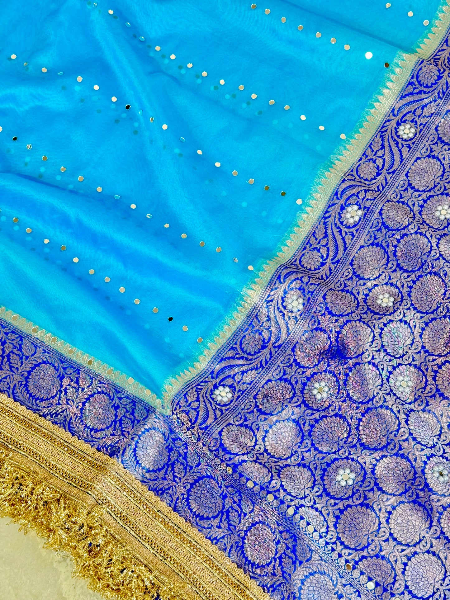 Banarasi Mirror Work Kora Silk Saree