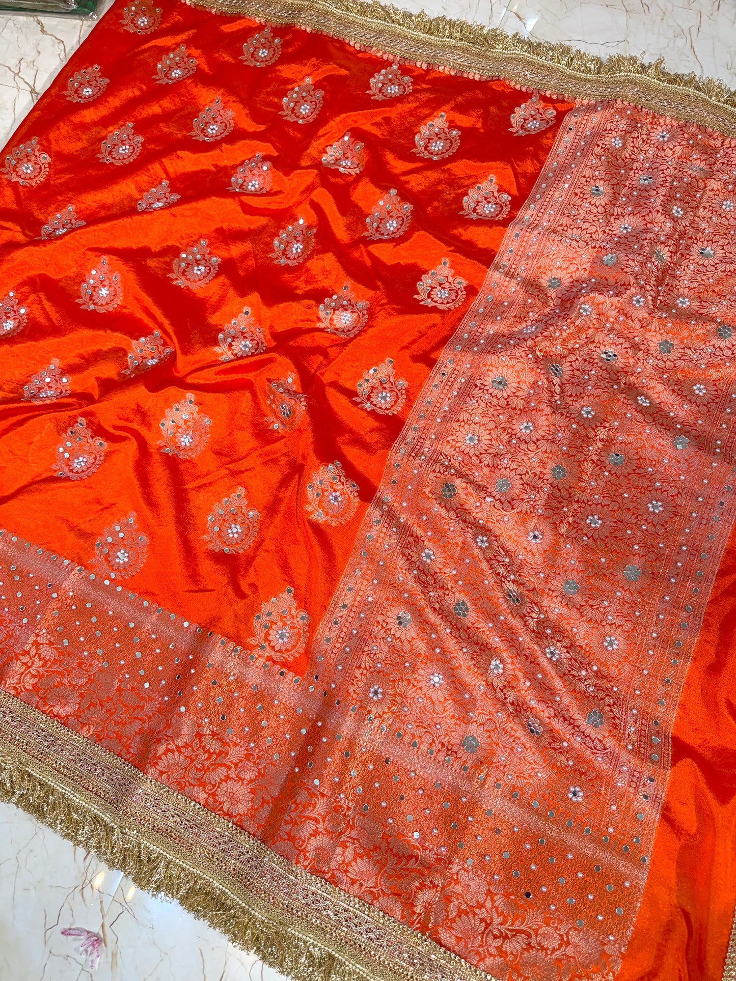 Banarasi Mirror Work Raw Mango Silk Saree