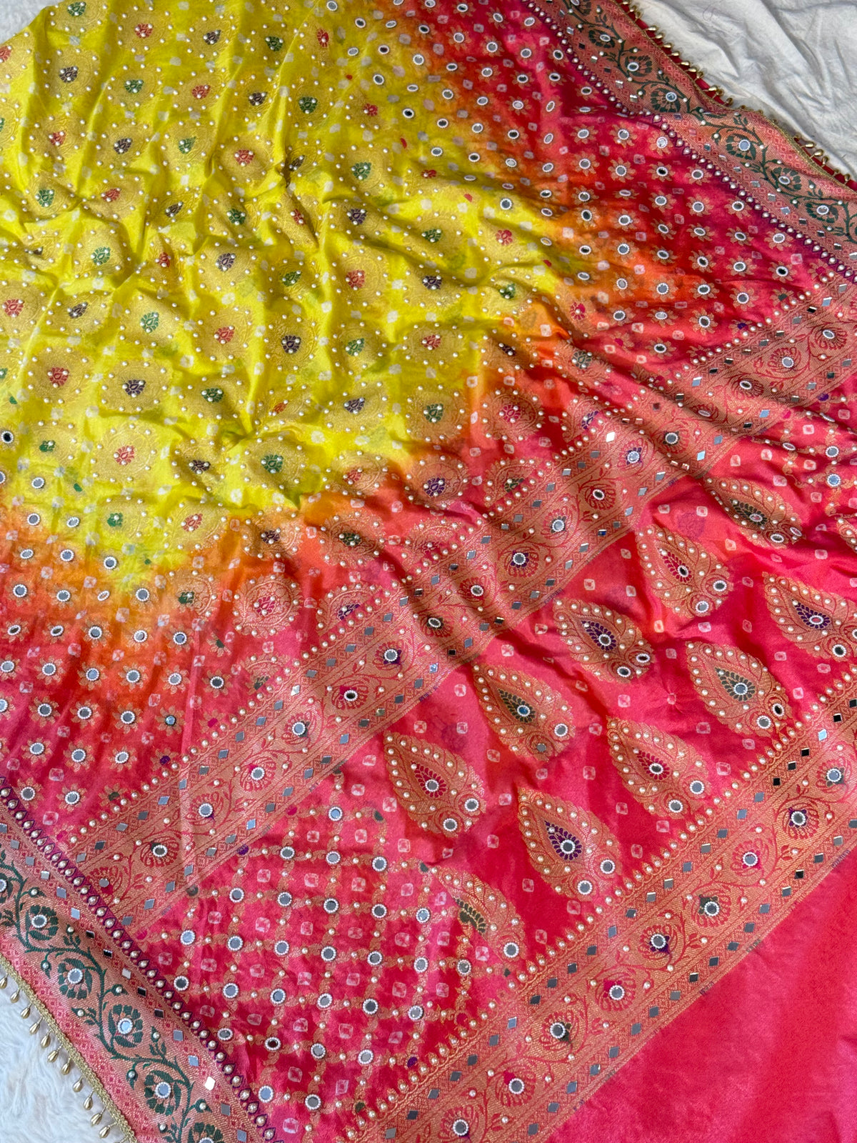 Banarasi Mirror Work Bandhej Soft Silk Saree