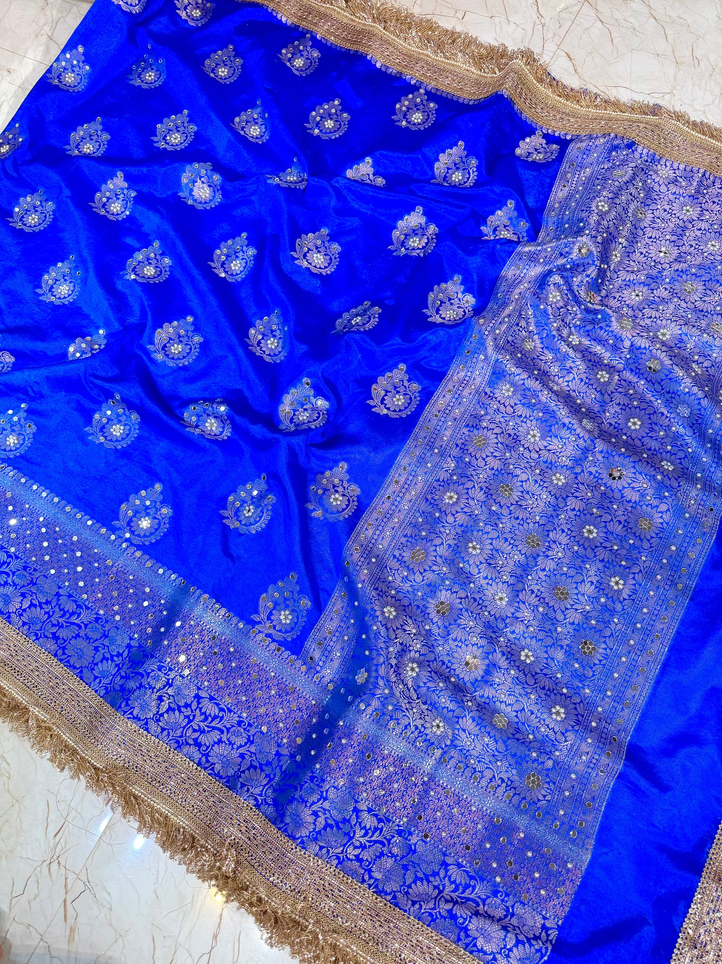 Banarasi Mirror Work Raw Mango Silk Saree