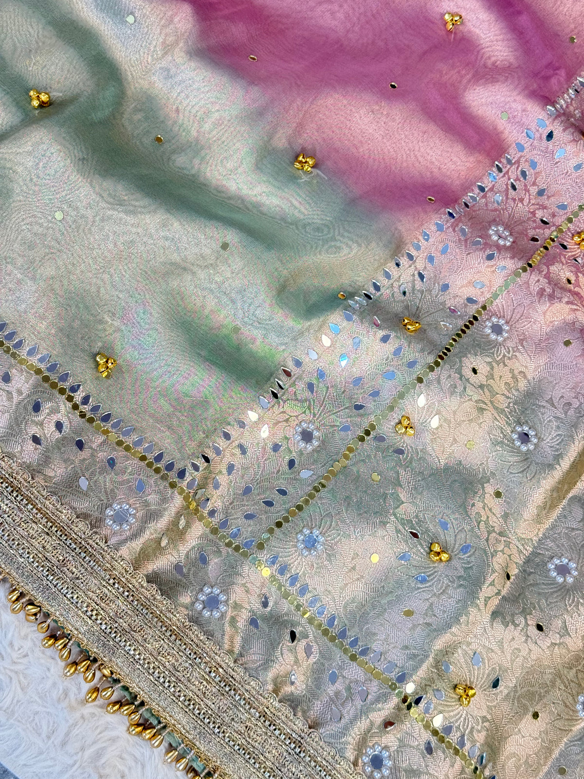 Banarasi Ghunghru and Mirror Work 3d Dye Tissue Silk Saree