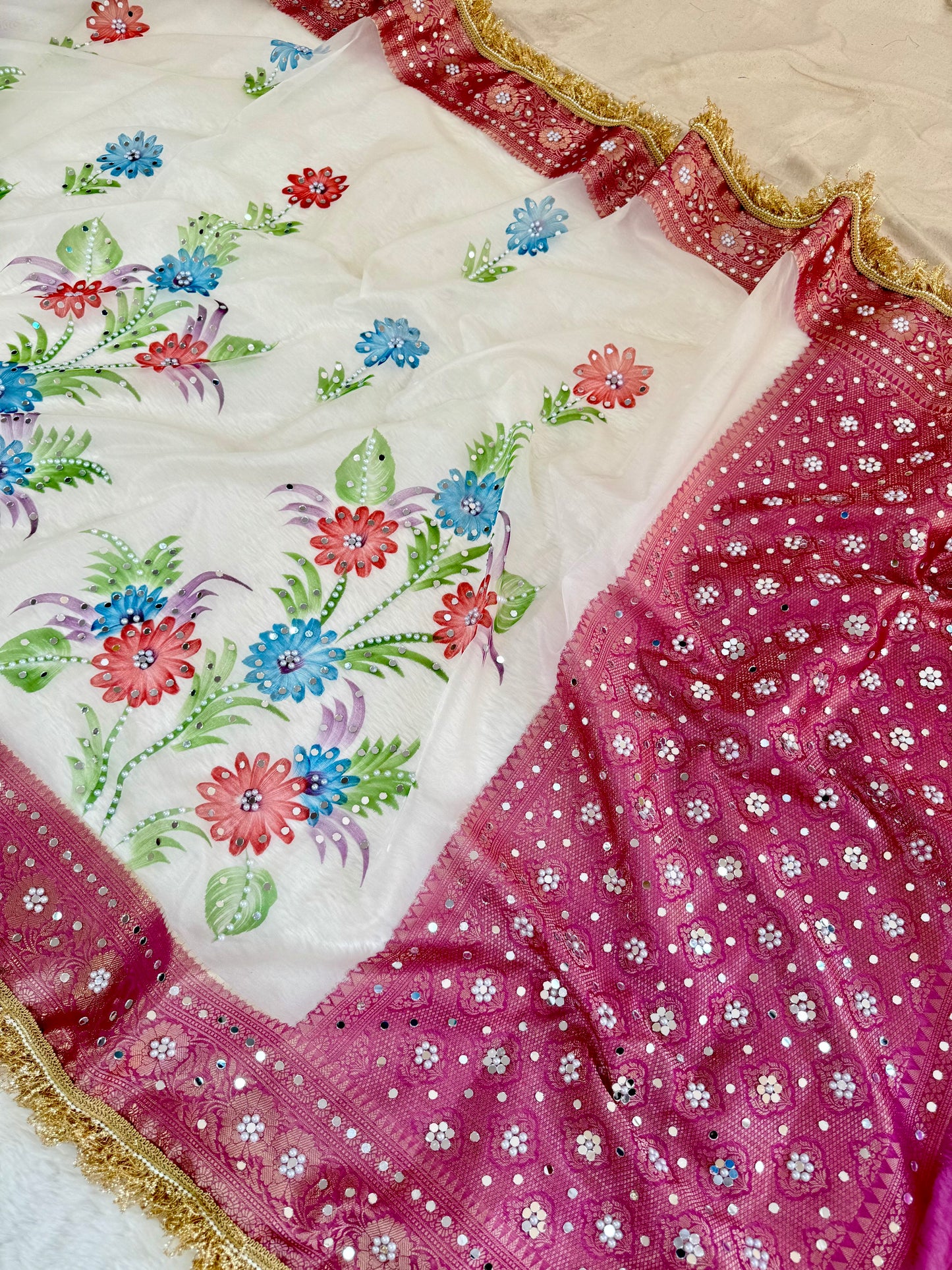 Banarasi Mirror Work Kora Silk Saree