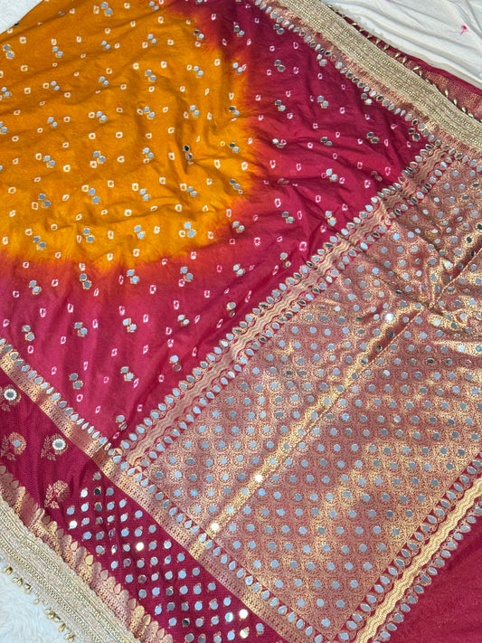 Banarasi Mirror Work Bandhej Soft Silk Saree