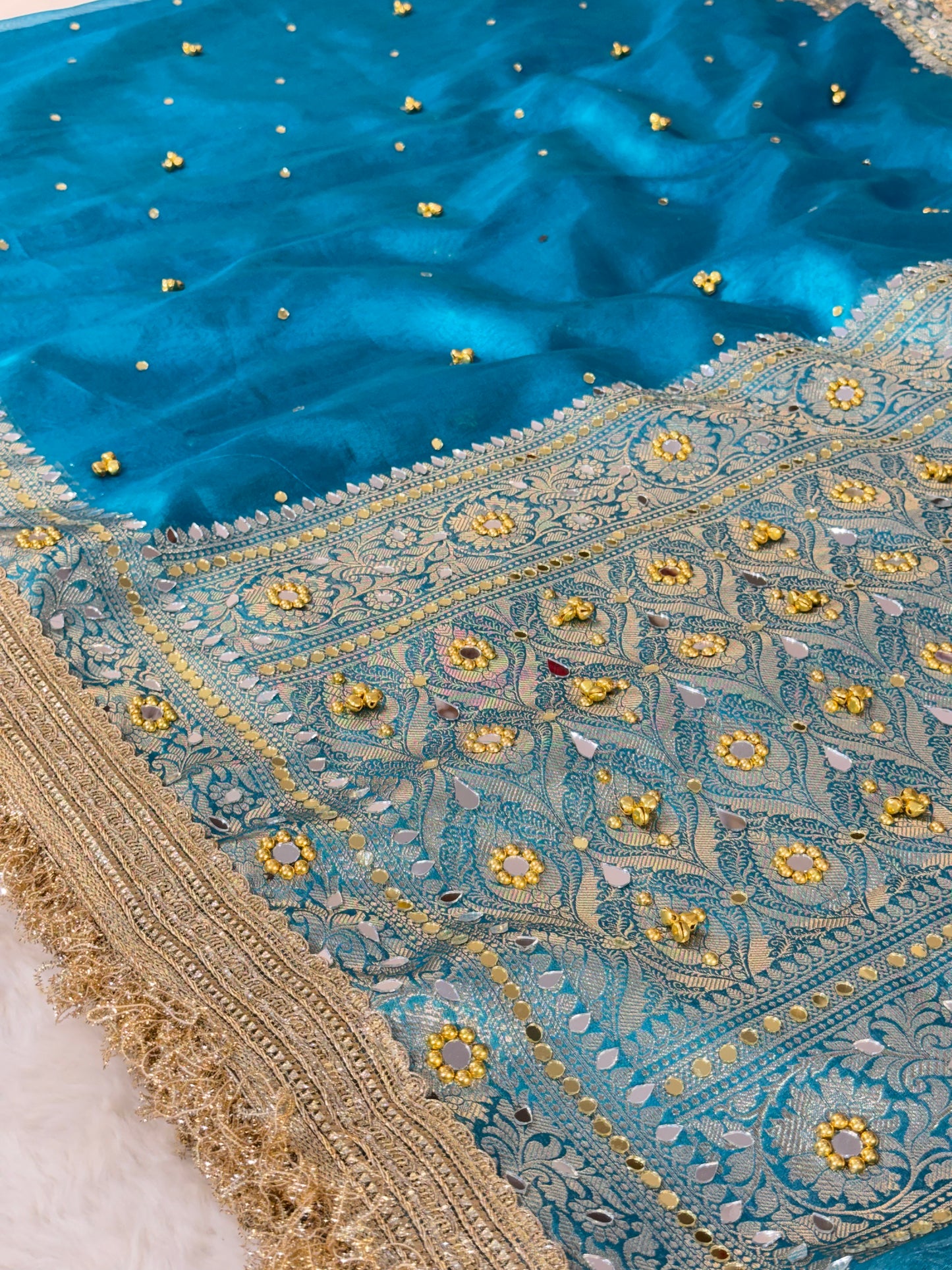 Banarasi Ghunghru and Mirror Work Tissue Silk Saree