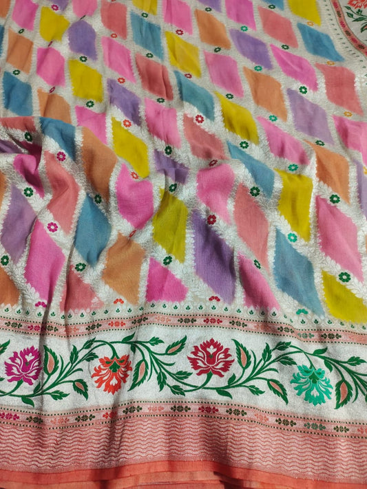 Banarasi Handloom Pure Tussar Silk Tilfi Meenakari Weaving Brush dye Saree
