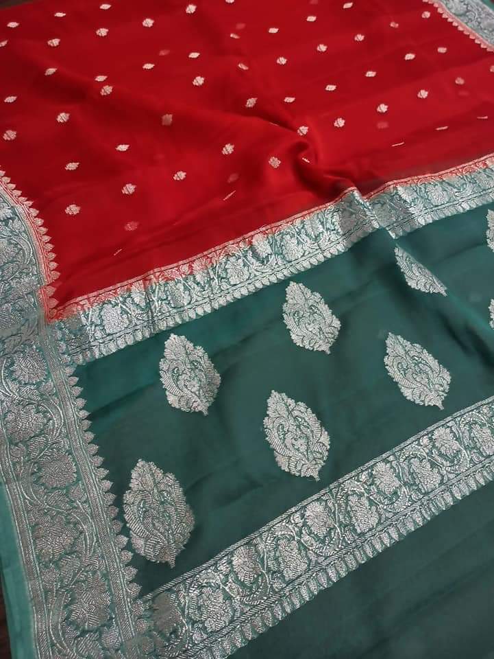 Banarasi Khaddi Georgette Pure Silk Kaduwa Weaving Silver Zari Saree