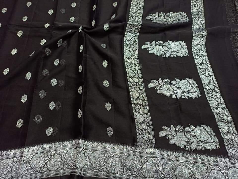 Banarasi Khaddi Georgette Pure Silk Kaduwa Weaving Silver Zari Saree