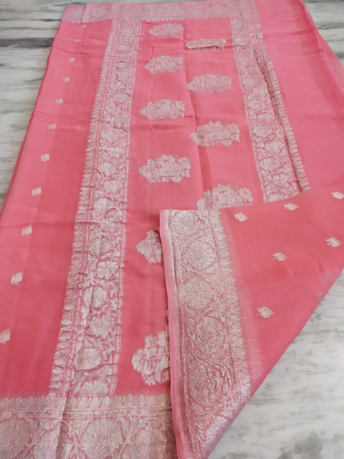 Banarasi Khaddi Georgette Pure Silk Kaduwa Weaving Silver Zari Saree