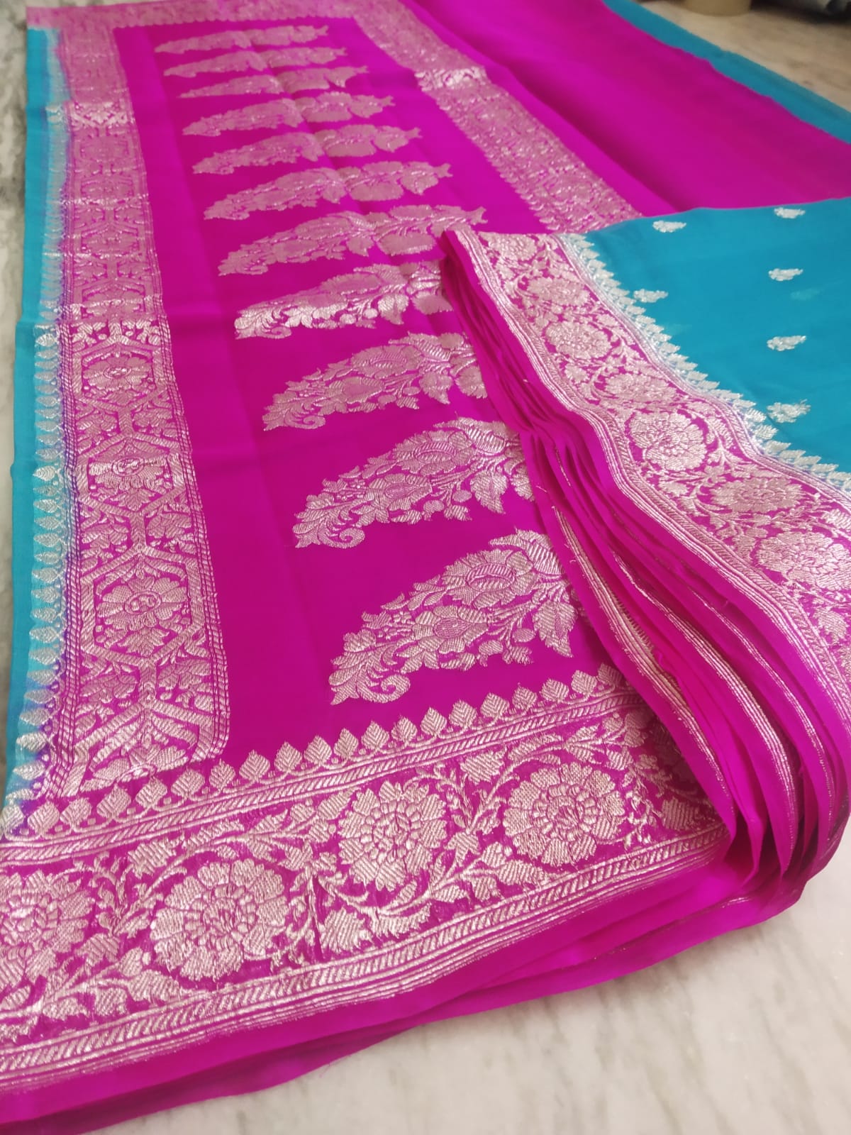 Banarasi Khaddi Georgette Pure Silk Kaduwa Weaving Silver Zari Saree