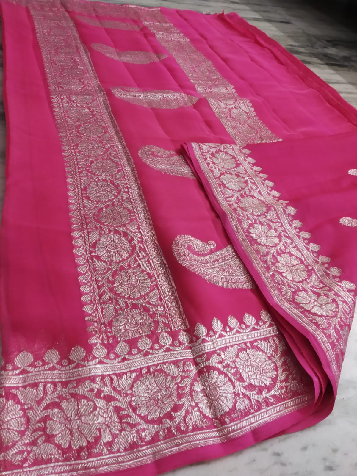 Banarasi Khaddi Georgette Pure Silk Kaduwa Weaving Silver Zari Saree