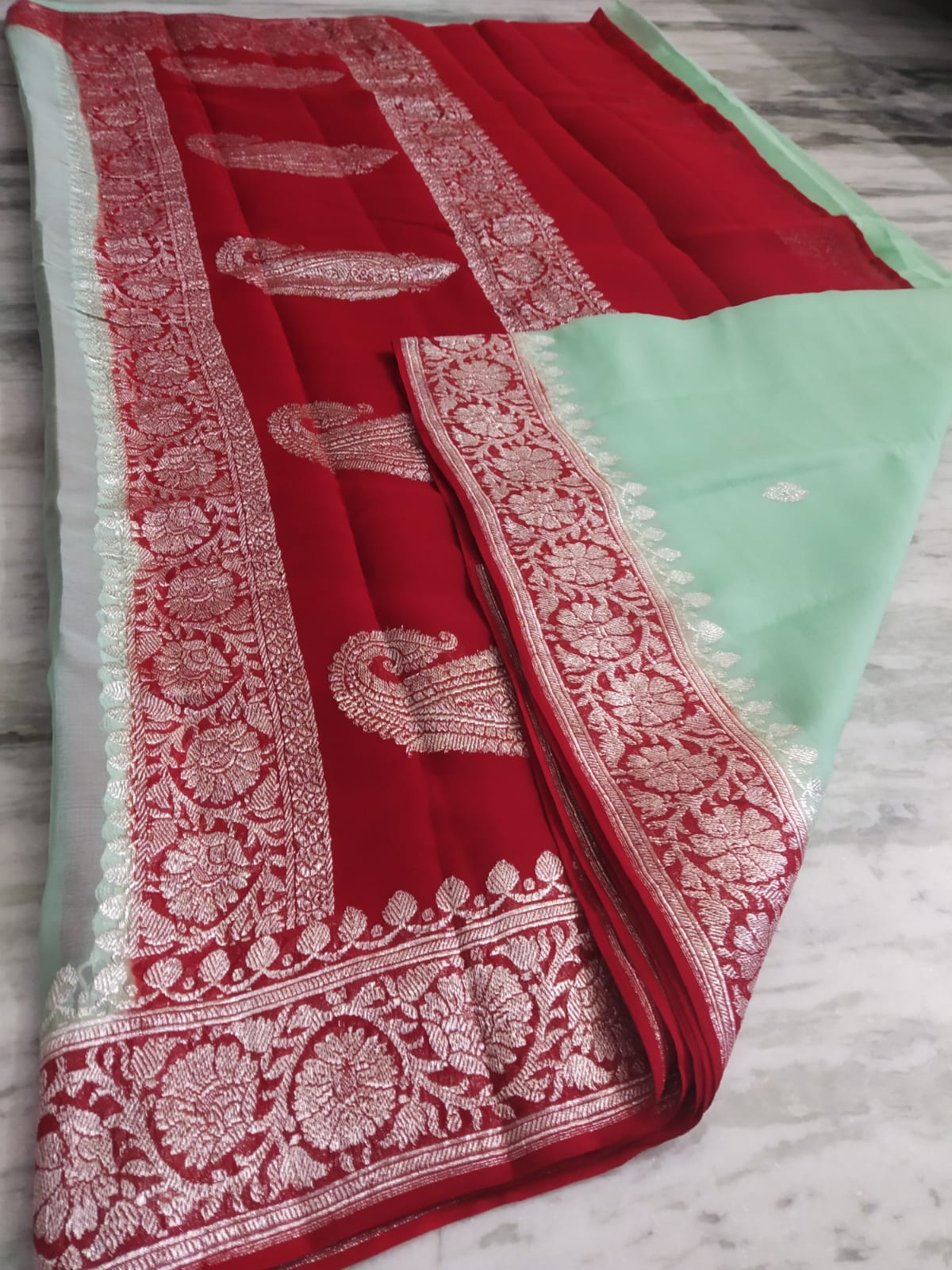 Banarasi Khaddi Georgette Pure Silk Kaduwa Weaving Silver Zari Saree